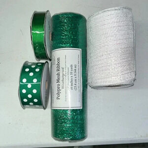 Green and white ribbon & mesh ribbon